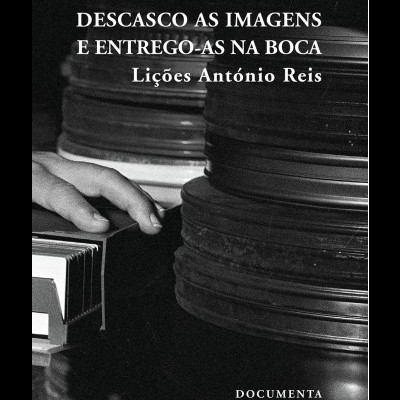 Capa de livro preto e branco com texto e imagens de bobinas de filme.