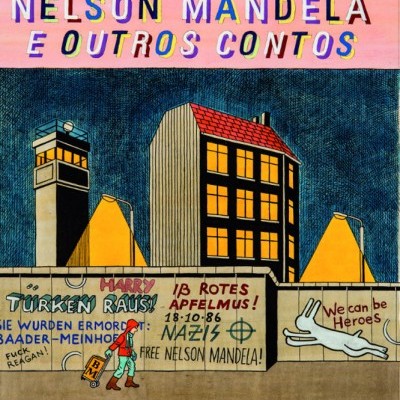 Capa de livro colorida com título e ilustrações de muro com grafites e edifício