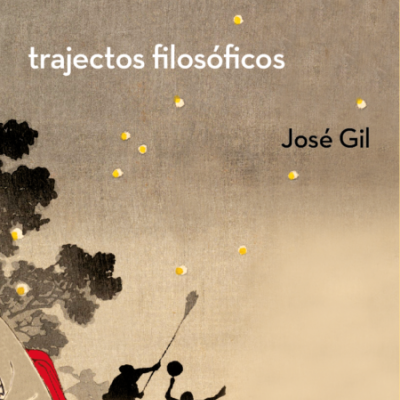 Capa de livro 'trajectos filosóficos' de José Gil com ilustração de figuras e lanternas no céu