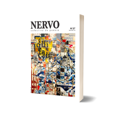 Revista NERVO coletivo de poesia com colagem colorida na capa e texto no topo