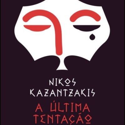 Capa do livro A Última Tentação de Nikos Kazantzakis com rosto estilizado e texto em vermelho e branco