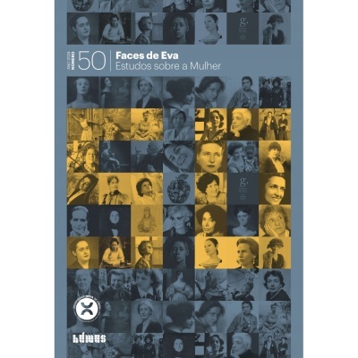 Capa de livro com fotos a preto e amarelo de várias mulheres e texto 50 Faces de Eva