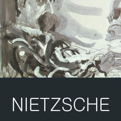 Capa de livro com retrato de homem, crânio e texto NIETZSCHE