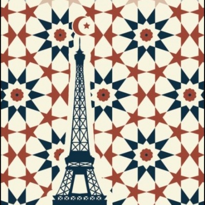 Capa de livro 'Submissão' com padrão geométrico e Torre Eiffel