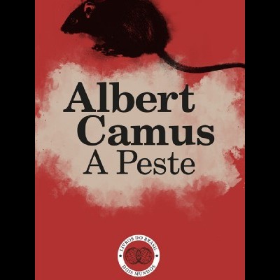 Capa do livro A Peste de Albert Camus com rato preto e fundo vermelho