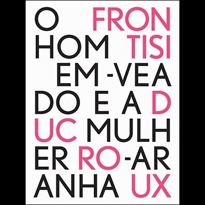Texto artístico em letras pretas e rosa com palavras fragmentadas formando frases e letras em destaque.
