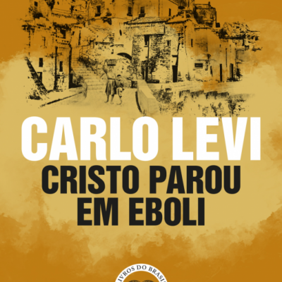 Capa de livro em tons castanhos alaranjados com texto branco e preto e ilustração de vila antiga