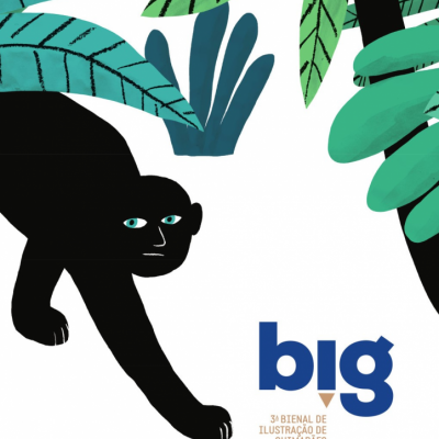 Ilustração de animal preto estilizado entre folhas verdes e azuis com texto de evento escritural