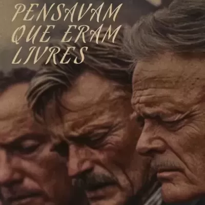 Capa de livro com três homens e texto em bege