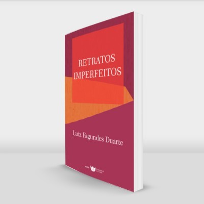 Livro 'RETRATOS IMPERFEITOS' com capa vermelha e laranja num fundo cinza claro