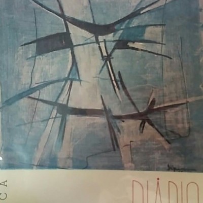 Capa de livro com pintura abstrata em azul e preto e título Diário.