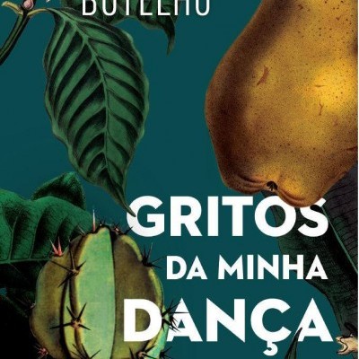 Capa de livro com pêra, cacto, flores brancas e texto branco