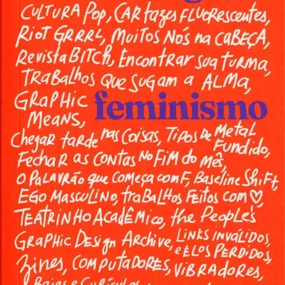 Capa de livro laranja com texto em azul e branco sobre design, feminismo e amizade.