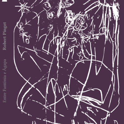 Capa de livro roxa com desenhos brancos e texto vertical e frontal.