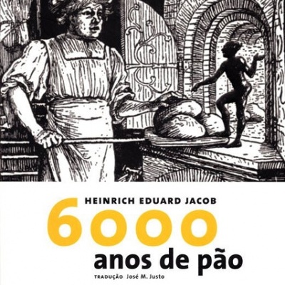 Capa de livro 6000 anos de pão com ilustração de padeiro e pães