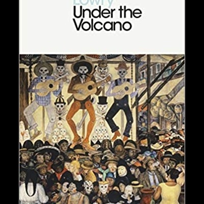 Capa do livro 'Under the Volcano' com ilustração de figuras esqueléticas a tocar guitarras numa multidão