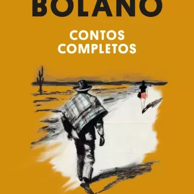 Capa do livro Contos Completos de Roberto Bolaño com fundo laranja e ilustração de dois caminheiros numa estrada.