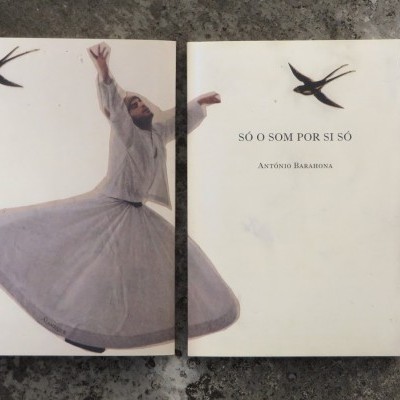 Dois livros com capa branca e imagem de pessoa e texto na capa pousados em chão cinzento