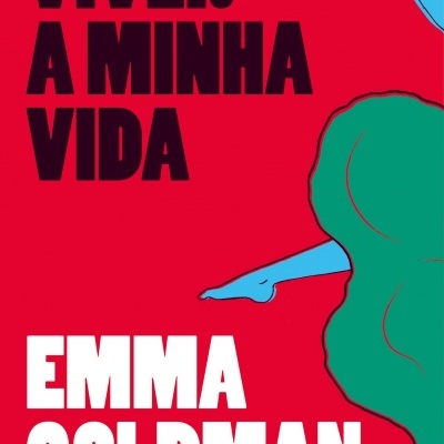 Capa de livro vermelha com texto em preto e branco e desenho estilizado azul e verde
