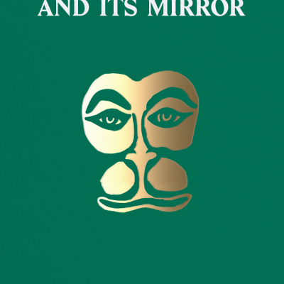 Capa verde de livro com texto branco e rosto dourado estilizado