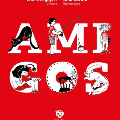 Capa vermelha com letras brancas e ilustrações de crianças e animais