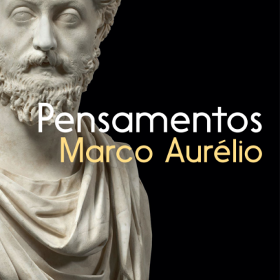 Capa de livro com estátua em mármore e texto 'Pensamentos Marco Aurélio'.