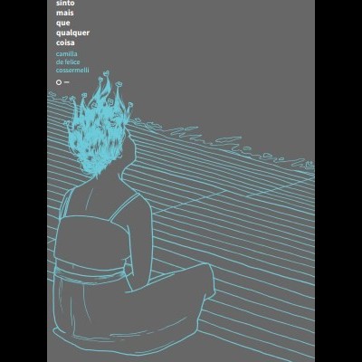 Desenho de pessoa sentada de costas com coroa azul e texto em fundo cinza