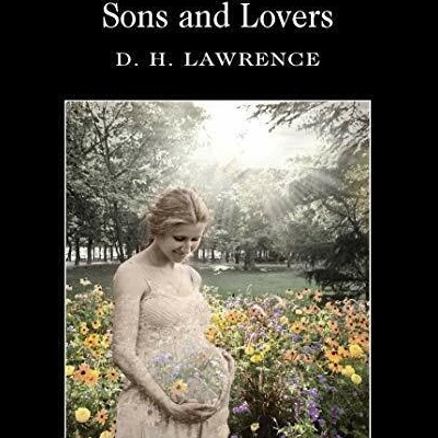 Capa do livro Sons and Lovers de D. H. Lawrence com foto de mulher grávida numa paisagem floral