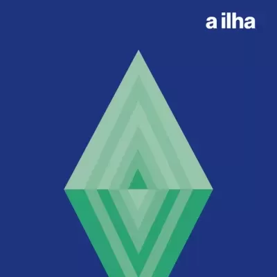 Capa de livro 'a ilha' de Aldous Huxley com padrão geométrico verde sobre fundo azul