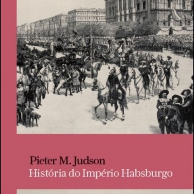 Capa do livro 'História do Império Habsburgo' com imagem histórica e texto em fundo vermelho.