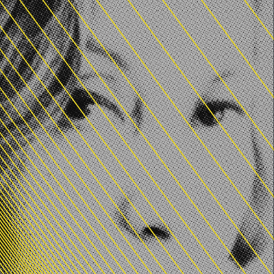 Retrato artístico em preto e branco com linhas amarelas diagonais