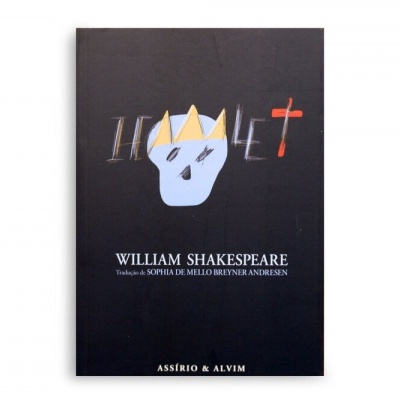 Capa de livro preta com ilustração de coroa amarela e face azul e texto de Shakespeare