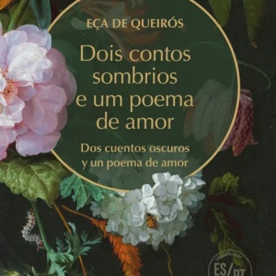 Capa fria com flores e texto em castelhano e galego sobre livro de Eça de Queirós