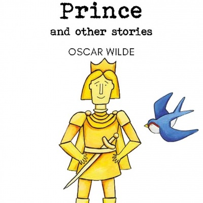 Capa de livro The Happy Prince com ilustração de príncipe dourado e pássaro azul