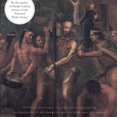 Capa do livro Fathers and Crows com figuras históricas e texto informativo.