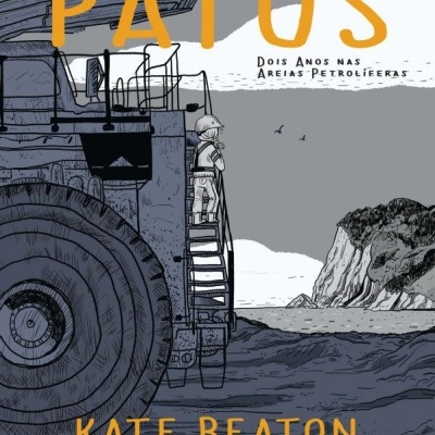 Capa de livro ilustrada com veículo industrial, pessoa e paisagem rochosa com texto em laranja e preto.