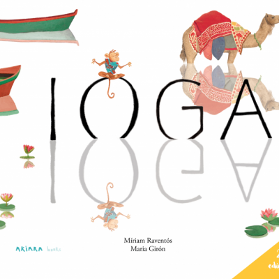 Capa de livro colorida com a palavra IOGA, macaquinho, camelo, canoas e flores de lótus