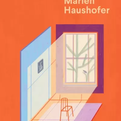 Capa de livro laranja com ilustração de cadeira, janela, quadro e texto em português.