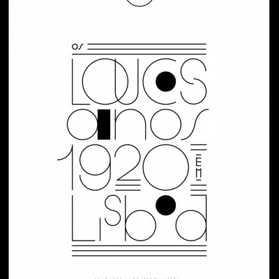 Pôster branco com texto preto tipográfico artístico sobre os loucos anos 1920 em Lisboa