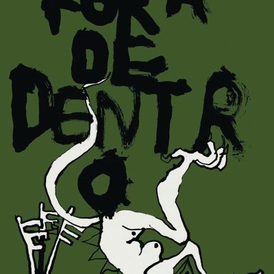 Poster artístico com texto em preto e figura humana estilizada em branco sobre fundo verde-oliva.