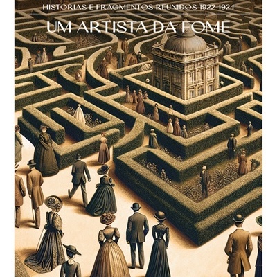 Capa de livro Kafka com labirinto e figuras humanas em roupas antigas