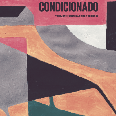 Capa de livro abstrata rosa, laranja e cinza com texto em preto e branco