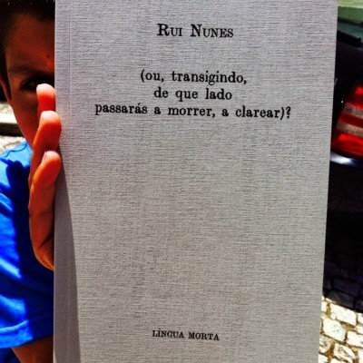 Livro cinza claro com título e texto em português, segurado por criança ao ar livre