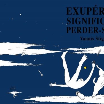 Capa de livro azul com figura humana e cão caindo entre nuvens brancas e texto em preto.