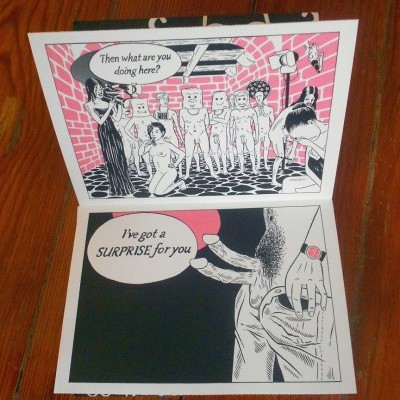 Cartão ilustrado estilo banda desenhada com texto em inglês e cores preto, branco e rosa.