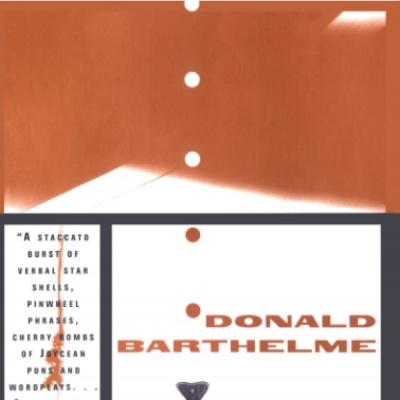 Capa de livro com título 'Snow White' e autor Donald Barthelme em fundo branco e detalhes laranja