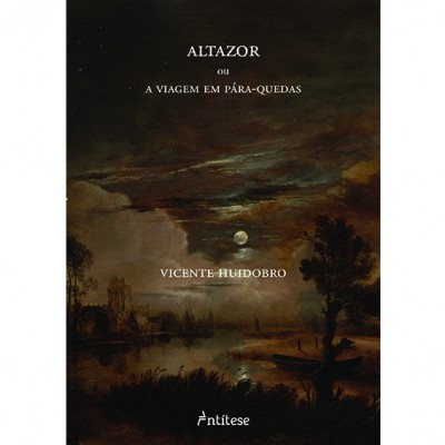 Capa de livro com pintura de paisagem noturna e texto branco sobreposto
