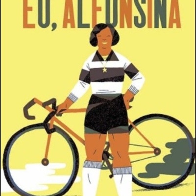 Capa de livro 'EU, ALFONSINA' com mulher e bicicleta