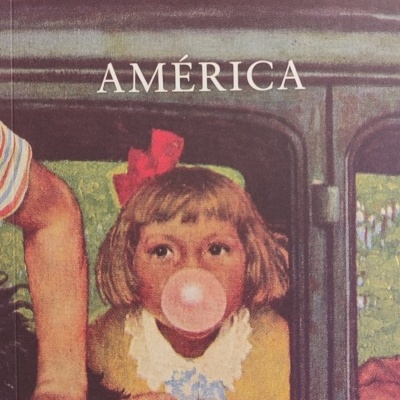 Capa de livro com ilustracao de menina a fazer bola de chiclete rosa, titulo AMÉRICA, autor Jean Baudrillard
