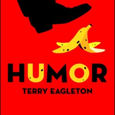 Capa de livro vermelha com sapato preto a pisar casca de banana e texto Humor Terry Eagleton